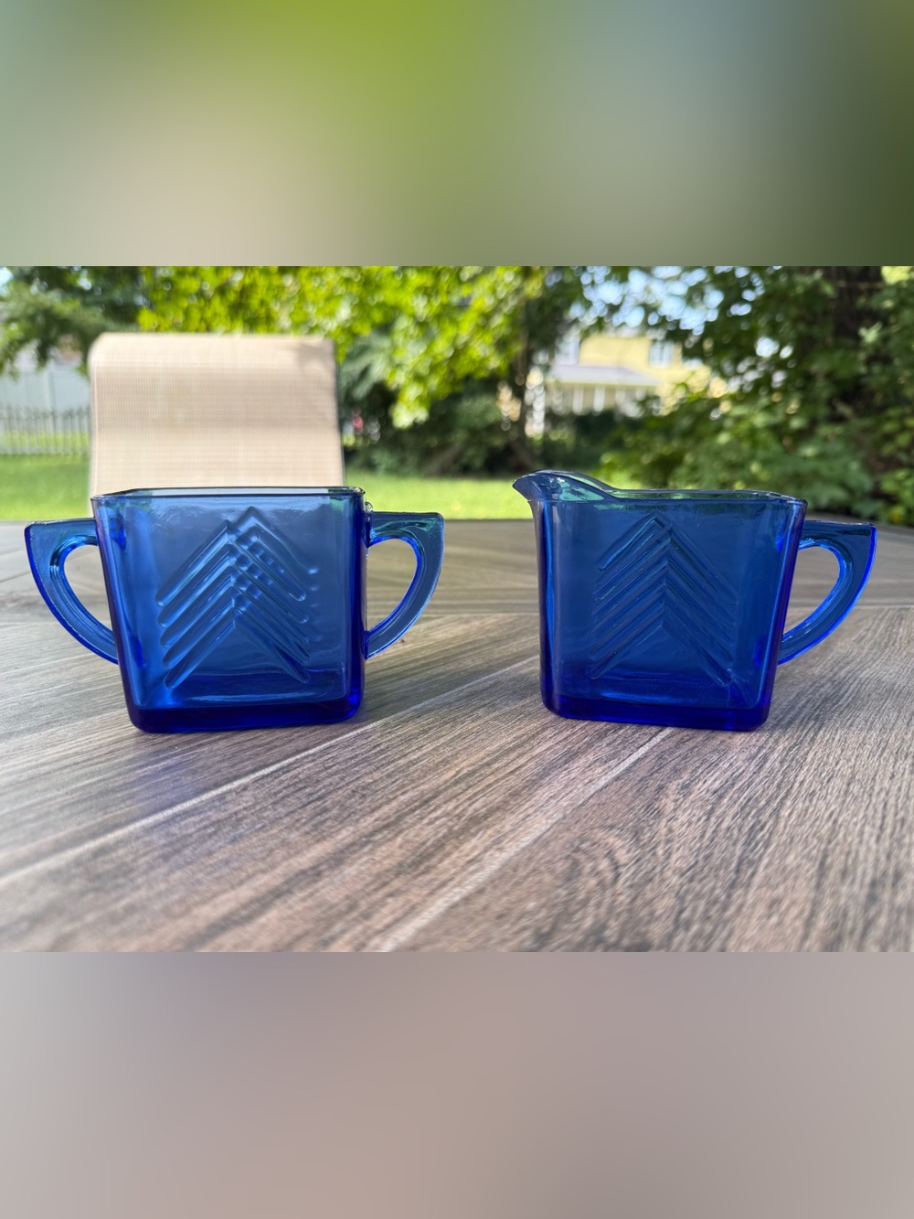 Vintage 1930s Hazel-Atlas Cobalt Blue Chevron Glass Creamer and Sugar Set